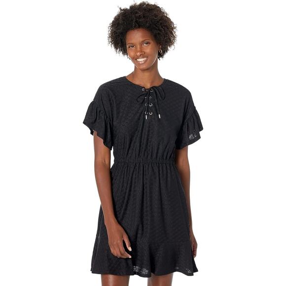 Michael Kors Dress Womens Medium Black Flutter Sleeve Front Tie Mini Whimsigoth - Picture 1 of 11